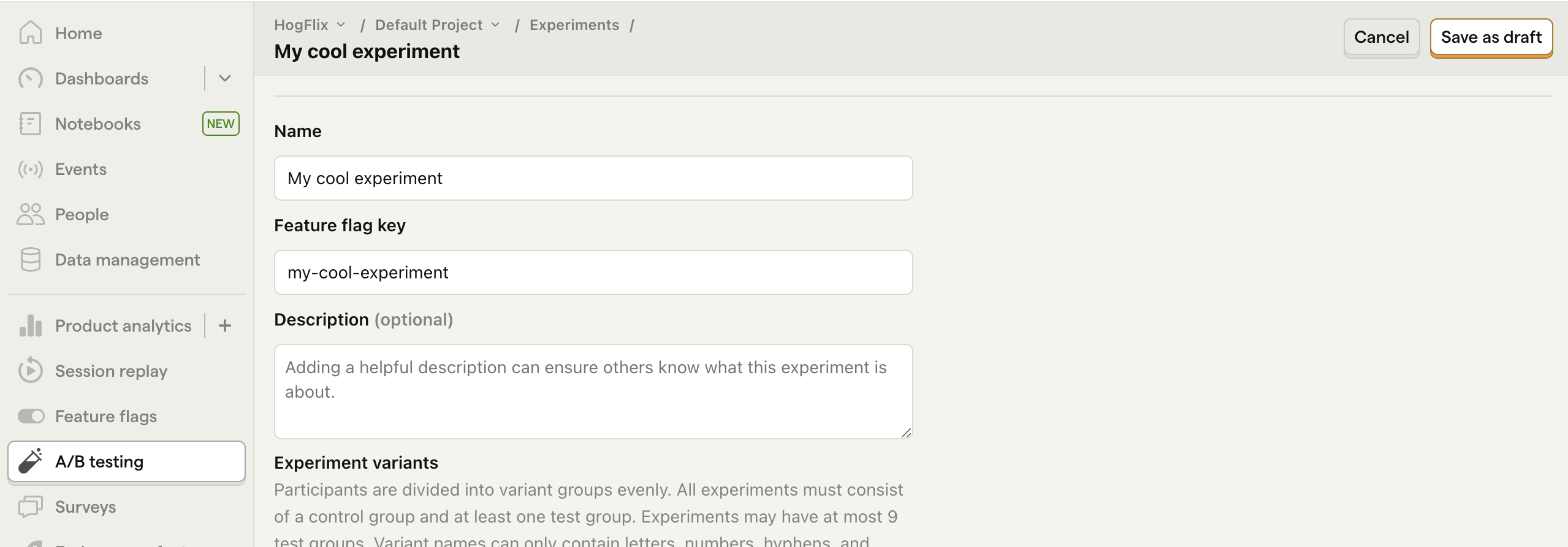 Experiment setup in PostHog