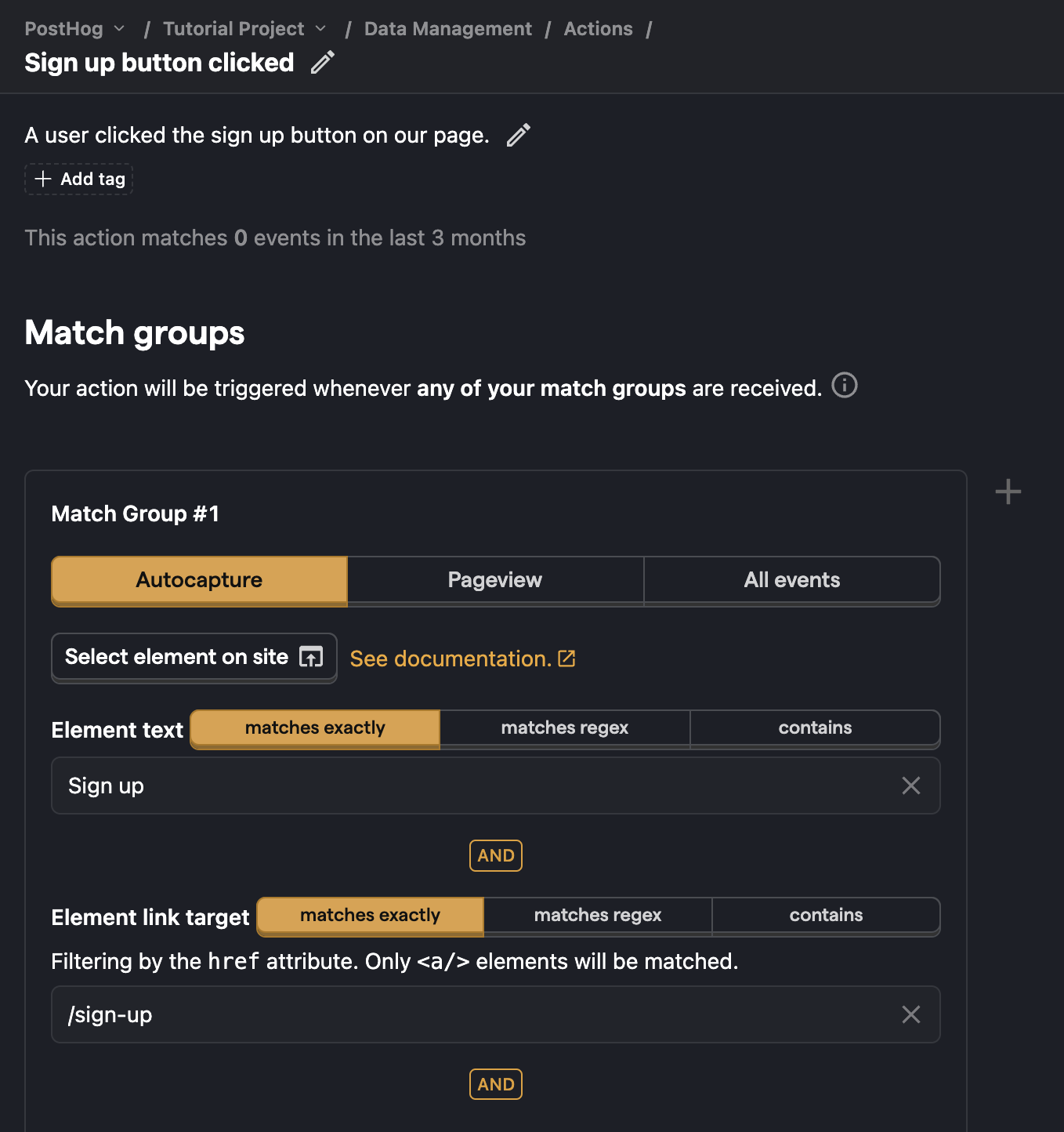 Form with the field 'Link target equals' and 'Text equals' set to '/sign-up' and 'Sign up' respectively